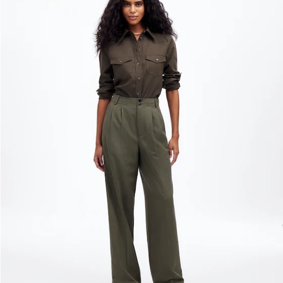 Madewell Harlow Wide Leg Pants Women 6 Olive Linen Blend High Rise Pleated - Picture 2 of 8